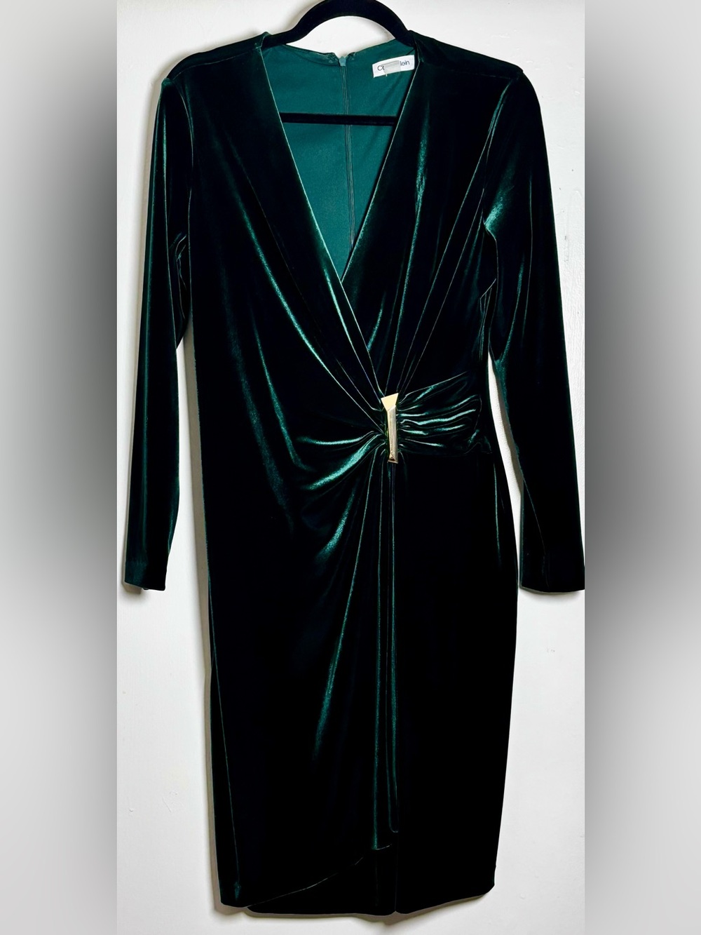 Calvin Klein Velvet V-Neck Faux-Wrap Sheath Dress Malachite Size 12